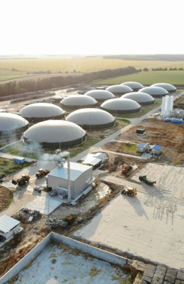 Modern biocomplex. Renewable energy from biomass. Innovative biogas plant. From a drone.