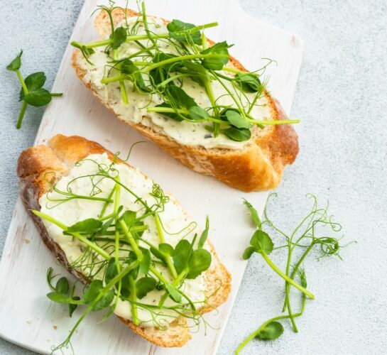 Toast with cream cheese and micro greens.